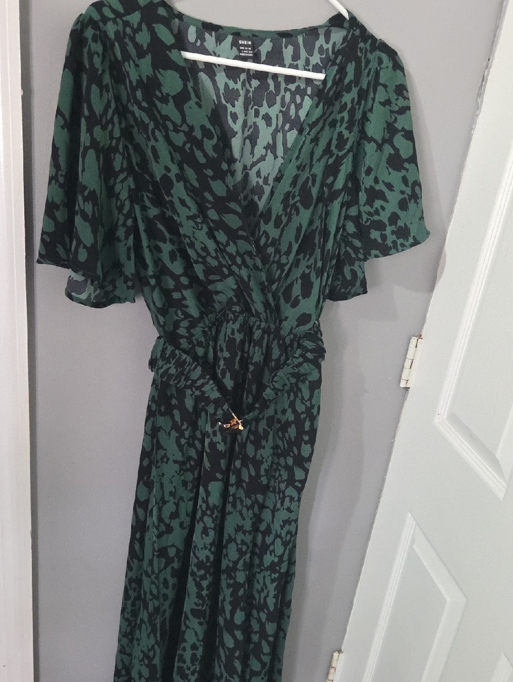 Green and Black Animal Print Wrap Dress